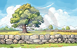 a dry stone wall flanking ranch fields, magazine style illustration