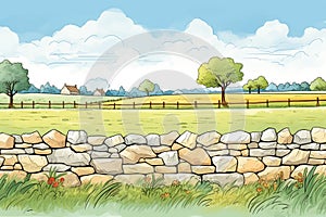 a dry stone wall flanking ranch fields, magazine style illustration