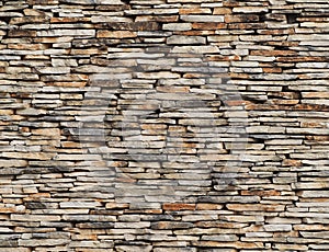 Dry stone wall made of thin horizontal rocks. Colors are shades of brown and gray.