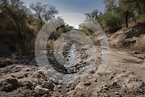 dry streambed with water running downstream, representing the florid past of drought