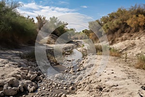 dry streambed with water running downstream, representing the florid past of drought