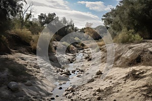 dry streambed with water running downstream, representing the florid past of drought