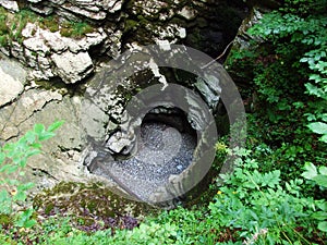 The dry summer cliffs of the Thur Waterfalls or ThurwasserfÃ¤lle oder Thurfaelle or Thurfalle on the Thur River