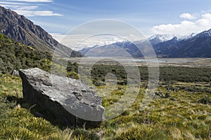 Dry Tasman River valley in spring, New Zealand