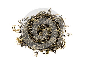 Dry tea leaves on white background