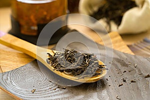 Dry tea puerh on a wooden spoon