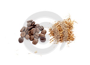 Dry tobacco and coffee beans, adiction concept photo