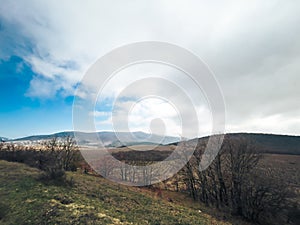 A dry tree on an autumn landscape in a mountainous area.