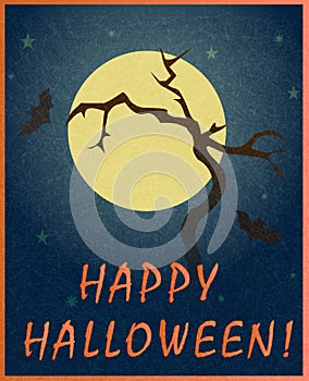Dry tree and bats on background of full moon. Stylish colorful illustration of happy Halloween.