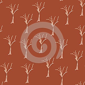 Dry tree in the desert watercolor seamless pattern