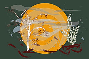 Dry tree sun and green bush.