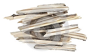 Dry tree twigs branches isolated on white background. pieces of broken wood plank. small wood chips close-up