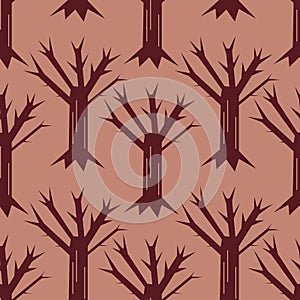 Dry tree vector seamless pattern. Cartoon dead tree endless background for Halloween