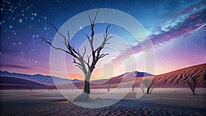 dry trees in the middle of the desert with a beautiful twilight sky