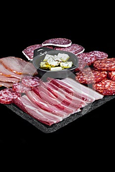 Dry variety of meat and sausages on a black plate and background