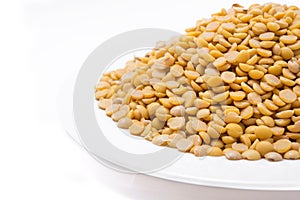 Dry yellow split peas isolated on white background Soybean halv