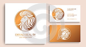 Dryad. Female face logo in profile with leaf hair. Emblem for a beauty or yoga salon. Style of harmony and beauty. Vector