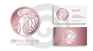 Dryad. Female face logo in profile with leaf hair. Emblem for a beauty or yoga salon. Style of harmony and beauty. Vector