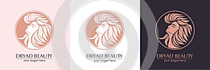 Dryad. Female face logo in profile with leaf hair. Emblem for a beauty or yoga salon. Style of harmony and beauty. Vector