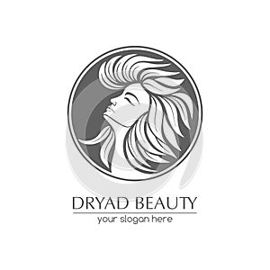 Dryad. Female face logo in profile with leaf hair. Emblem for a beauty or yoga salon. Style of harmony and beauty. Vector