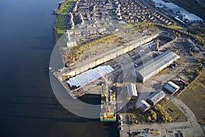 Drydock for shipbuilding construction industry aerial view at a dry dock in Greenock Scotland UK