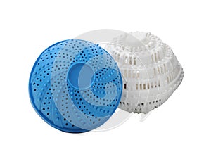 Dryer balls for washing machine on white background. Laundry detergent substitute