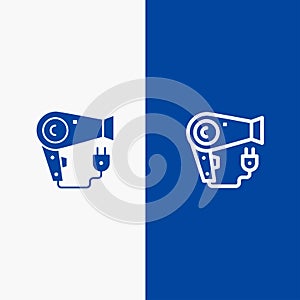 Dryer, Hair, Hairdryer, Plug Line and Glyph Solid icon Blue banner