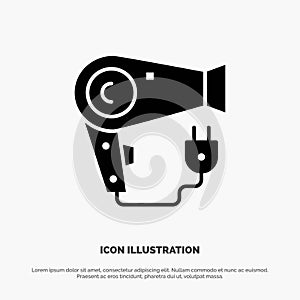 Dryer, Hair, Hairdryer, Plug Solid Black Glyph Icon