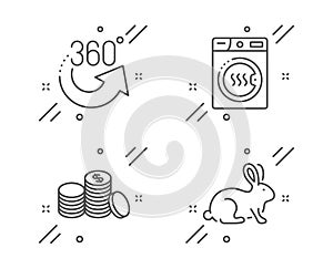 Dryer machine, Banking money and 360 degrees icons set. Animal tested sign. Vector