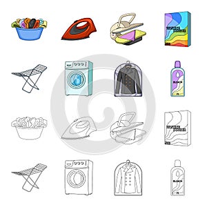 Dryer, washing machine, clean clothes, bleach. Dry cleaning set collection icons in cartoon,outline style vector symbol