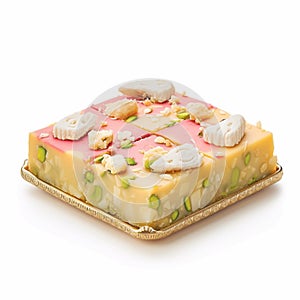 Dryfruit Barfi luscious Indian sweet, elegantly presented on white background.