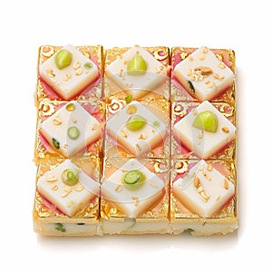 Dryfruit Barfi luscious Indian sweet, elegantly presented on white background.