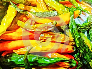 Drying assorted colorful chilli pods