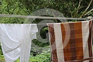 Drying clothes on line in backyard