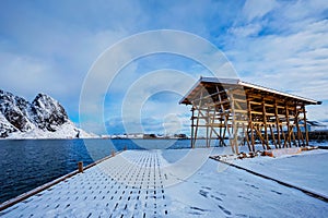 Drying flakes for stockfish cod fish in winter. Lofoten islands, Norway