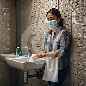 Drying Hands with Paper Towel in Public Restroom, Final Touch to Proper Hygiene photo