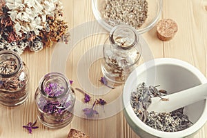 Drying and harvesting of medicinal herbs, homeopathy and alternative medicine concept