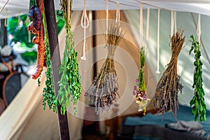 Drying herbs or herbs preservation and sausages on a string