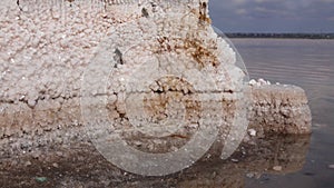 Drying Kuyalnik estuary. Crystals of self-precipitating salt on old boards of the 18th century salt industry. The ecological