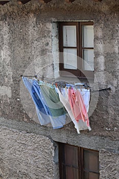 Drying laundry. clothes blown by the wind.