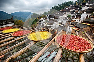 Drying pepper China HuangLing quaint Town