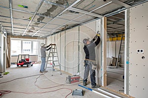 Drywall installation in apartment under renovation