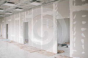 Drywall wall home interior decoration at construction site with copy space