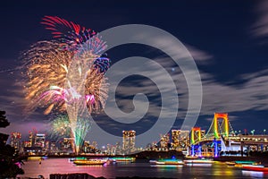 Odaiba firework and rainbow bridge Tokyo Japan on New year