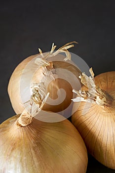 Three yellow onions against a dark background