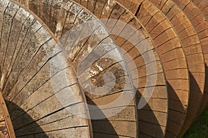 Closeup of old wooden screw pump or water screw