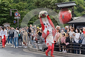 Traditional Shishimai lion dance performance at Saga Matsuri. Arashiyama, Kyoto, Japan