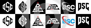 DSC letter logo design in six style. DSC polygon, circle, triangle, hexagon, flat and simple style with black and white color photo