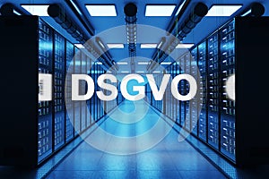 Dsgvo logo in large modern data center with multiple rows of network internet server racks, 3D Illustration