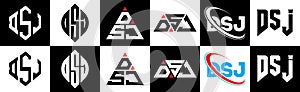 DSJ letter logo design in six style. DSJ polygon, circle, triangle, hexagon, flat and simple style with black and white color photo
